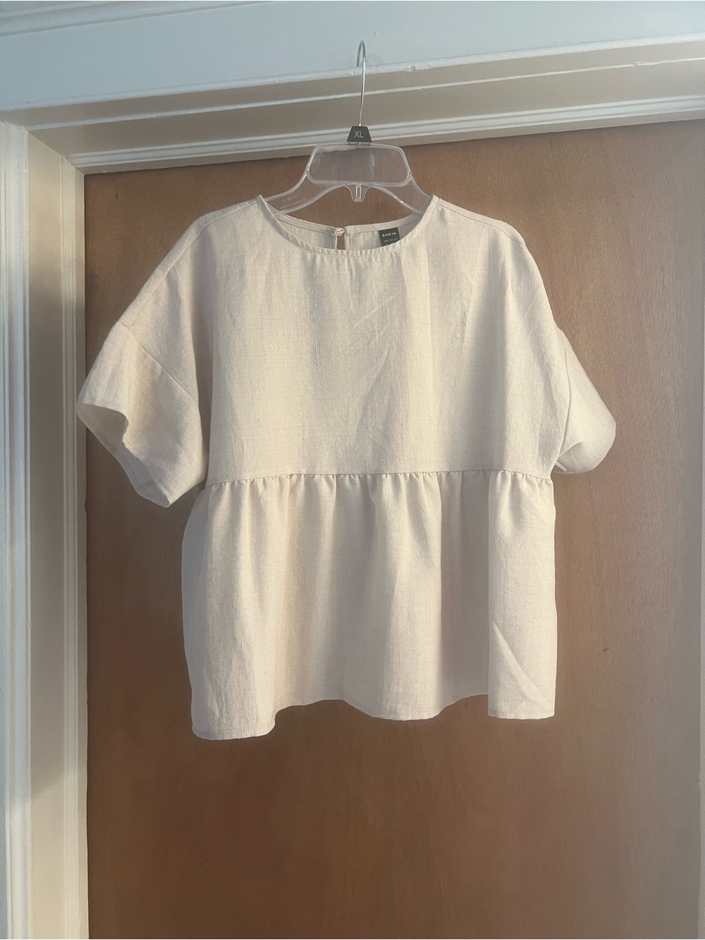 SHEIN Women’s Beige Short Sleeve Crewneck Gathered Peplum Blouse